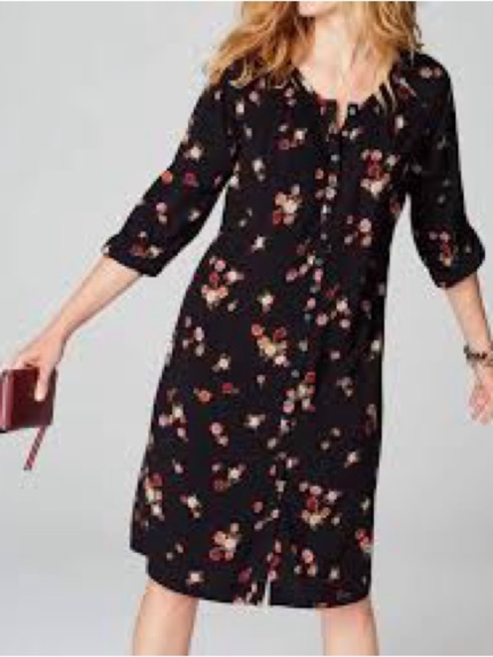 J. Jill Black Floral Midi Dress with Red and Cream Accents